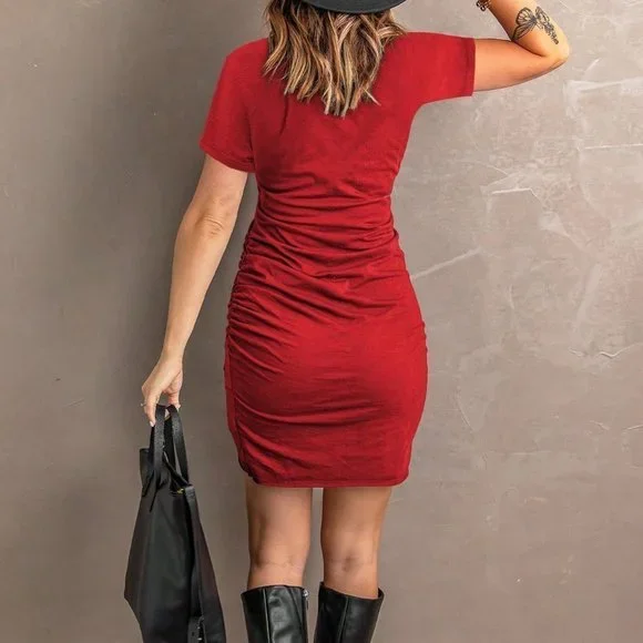 Casual Ruched Tulip Hem Dress Red - Picture 2 of 5